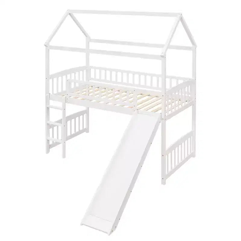 Lit mezzanine double cabane avec toboggan, structure de lit mezzanine en bois avec échelle et toit