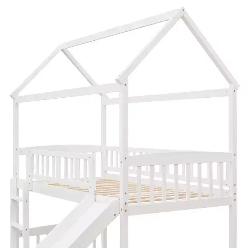 Lit mezzanine double cabane avec toboggan, structure de lit mezzanine en bois avec échelle et toit