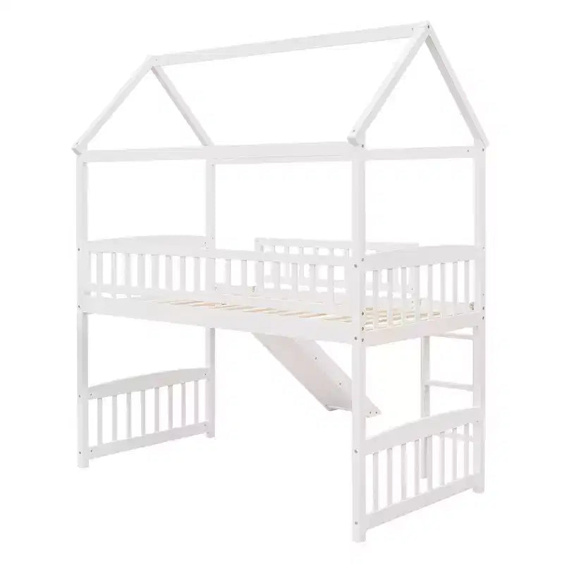 Lit mezzanine double cabane avec toboggan, structure de lit mezzanine en bois avec échelle et toit