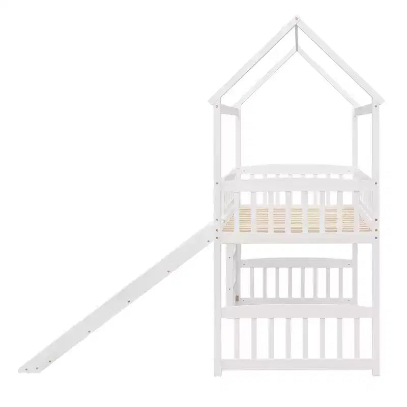 Lit mezzanine double cabane avec toboggan, structure de lit mezzanine en bois avec échelle et toit
