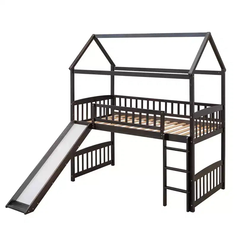 Lit mezzanine double cabane avec toboggan, structure de lit mezzanine en bois avec échelle et toit