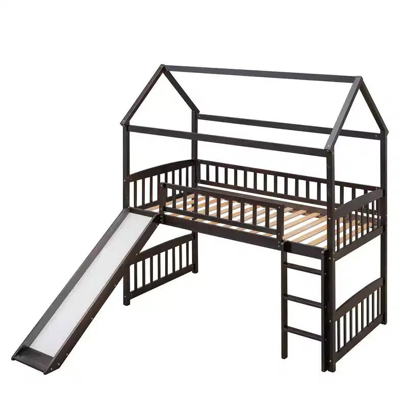 Lit mezzanine double cabane avec toboggan, structure de lit mezzanine en bois avec échelle et toit