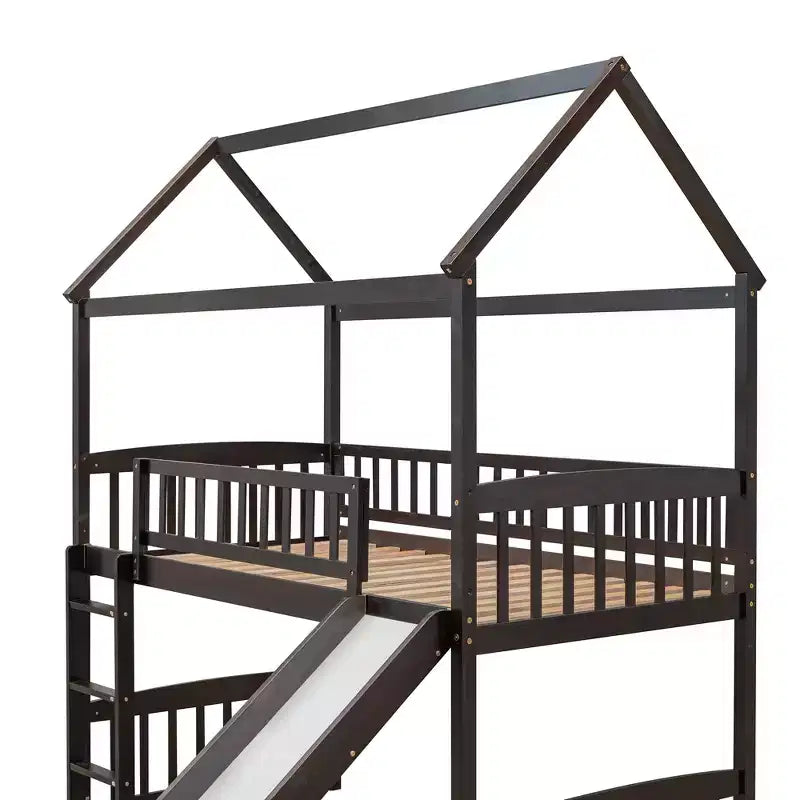 Lit mezzanine double cabane avec toboggan, structure de lit mezzanine en bois avec échelle et toit