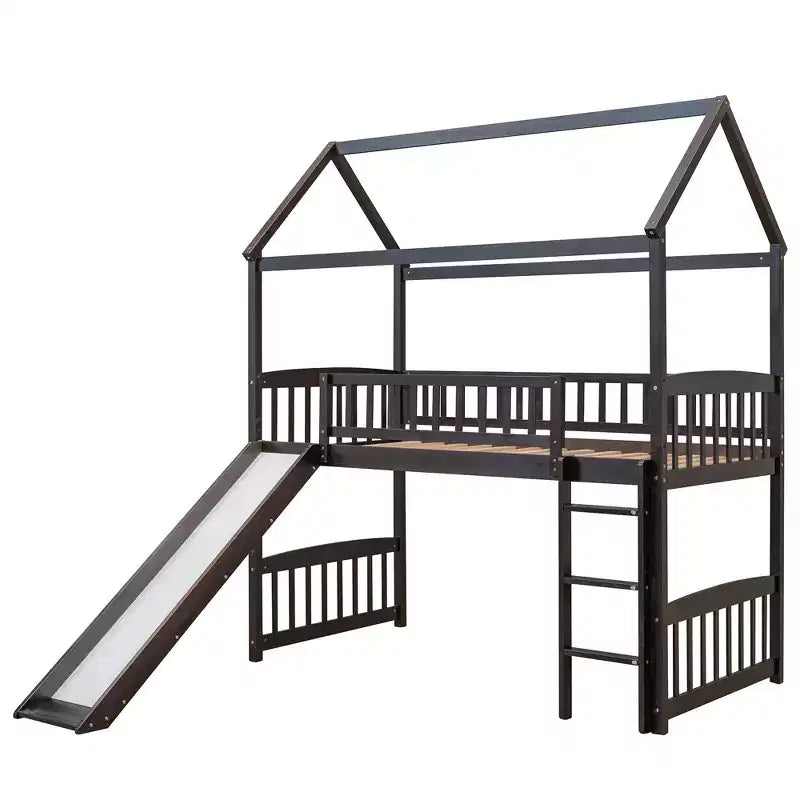 Lit mezzanine double cabane avec toboggan, structure de lit mezzanine en bois avec échelle et toit