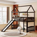 Twin House Loft Bed with Slide, Wood Playhouse Loft Bed Frame with Ladder and Roof