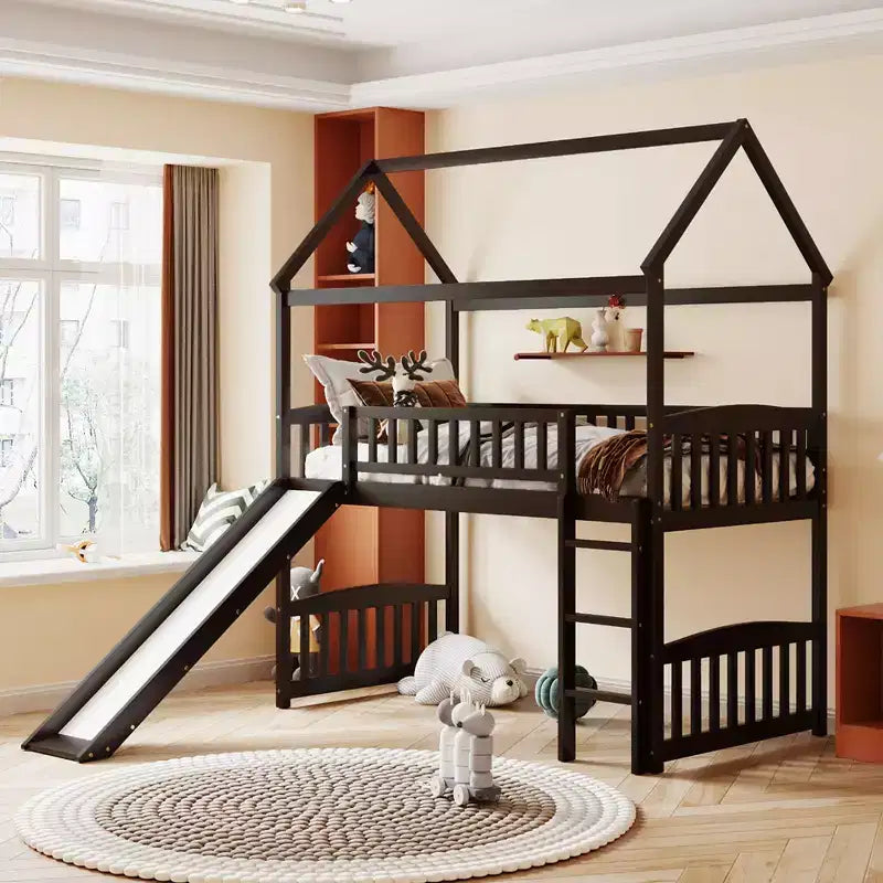 Twin House Loft Bed with Slide, Wood Playhouse Loft Bed Frame with Ladder and Roof