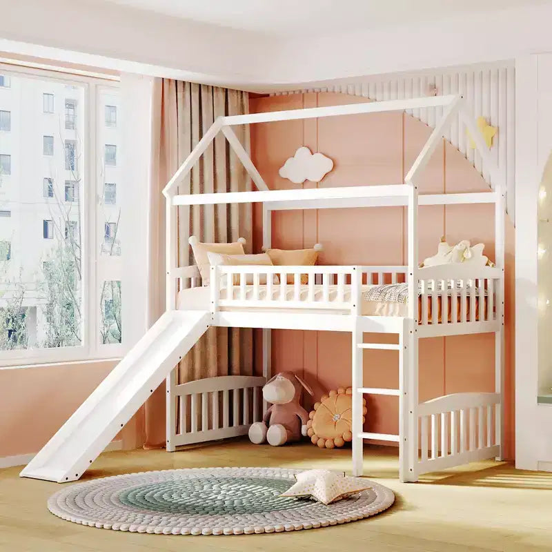 Lit mezzanine double cabane avec toboggan, structure de lit mezzanine en bois avec échelle et toit