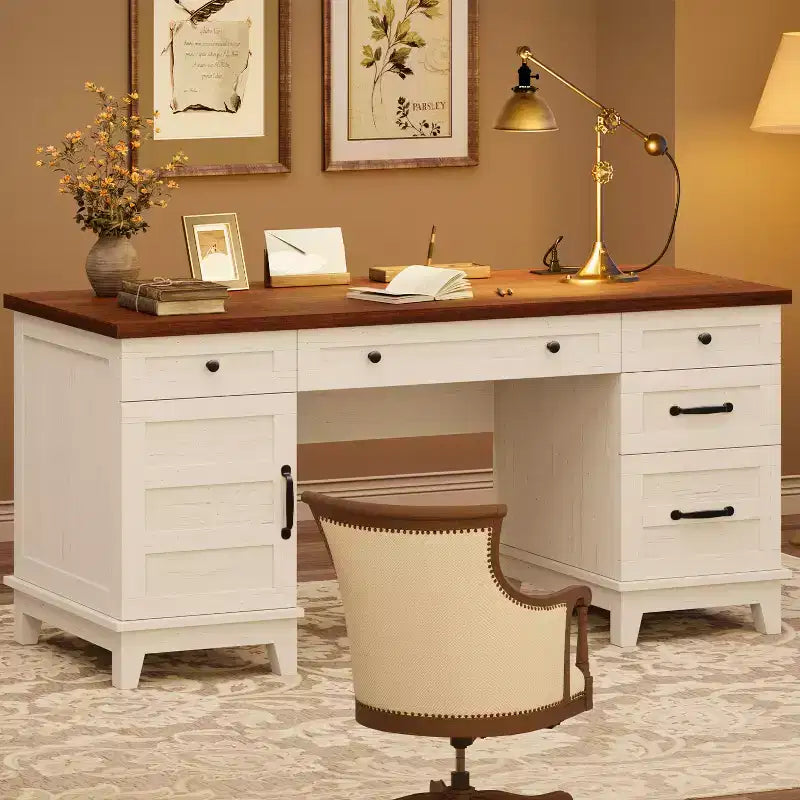Bureau de direction avec tiroirs, bureau d'ordinateur de style rustique avec station de charge, bureau d'écriture en bois de 60 pouces avec classeur de rangement