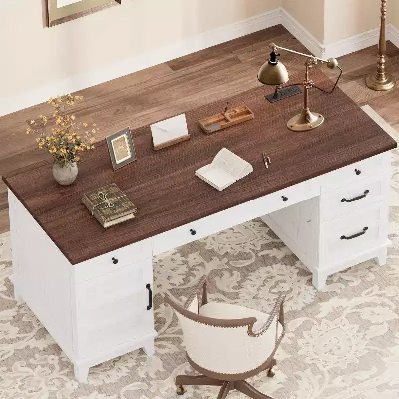 Bureau de direction avec tiroirs, bureau d'ordinateur de style rustique avec station de charge, bureau d'écriture en bois de 60 pouces avec classeur de rangement