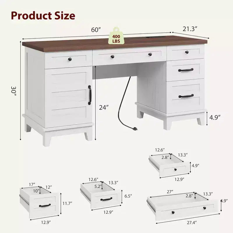 Bureau de direction avec tiroirs, bureau d'ordinateur de style rustique avec station de charge, bureau d'écriture en bois de 60 pouces avec classeur de rangement
