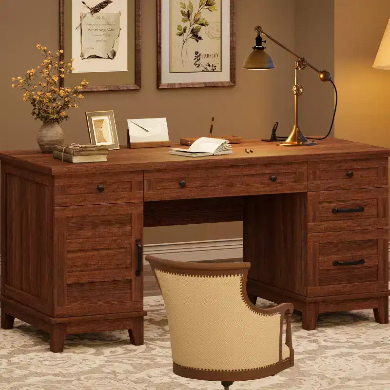 Bureau de direction avec tiroirs, bureau d'ordinateur de style rustique avec station de charge, bureau d'écriture en bois de 60 pouces avec classeur de rangement