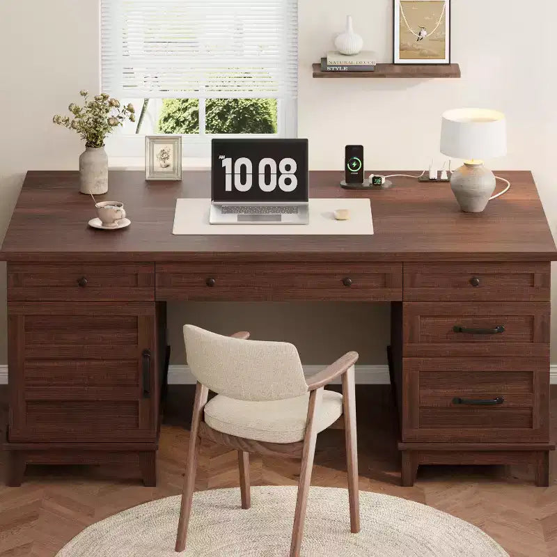 Bureau de direction avec tiroirs, bureau d'ordinateur de style rustique avec station de charge, bureau d'écriture en bois de 60 pouces avec classeur de rangement