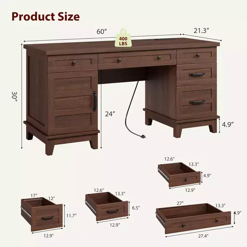 Bureau de direction avec tiroirs, bureau d'ordinateur de style rustique avec station de charge, bureau d'écriture en bois de 60 pouces avec classeur de rangement