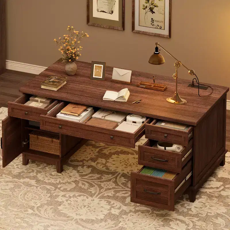 Garvee Executive Desk with Drawers, Farmhouse Home Office Desk with Charging Station, 60 Wooden Computer Writing Desk with File Cabinet Storage