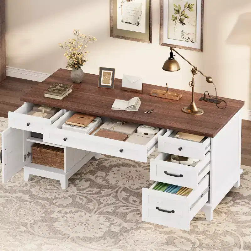 Bureau de direction avec tiroirs, bureau d'ordinateur de style rustique avec station de charge, bureau d'écriture en bois de 60 pouces avec classeur de rangement