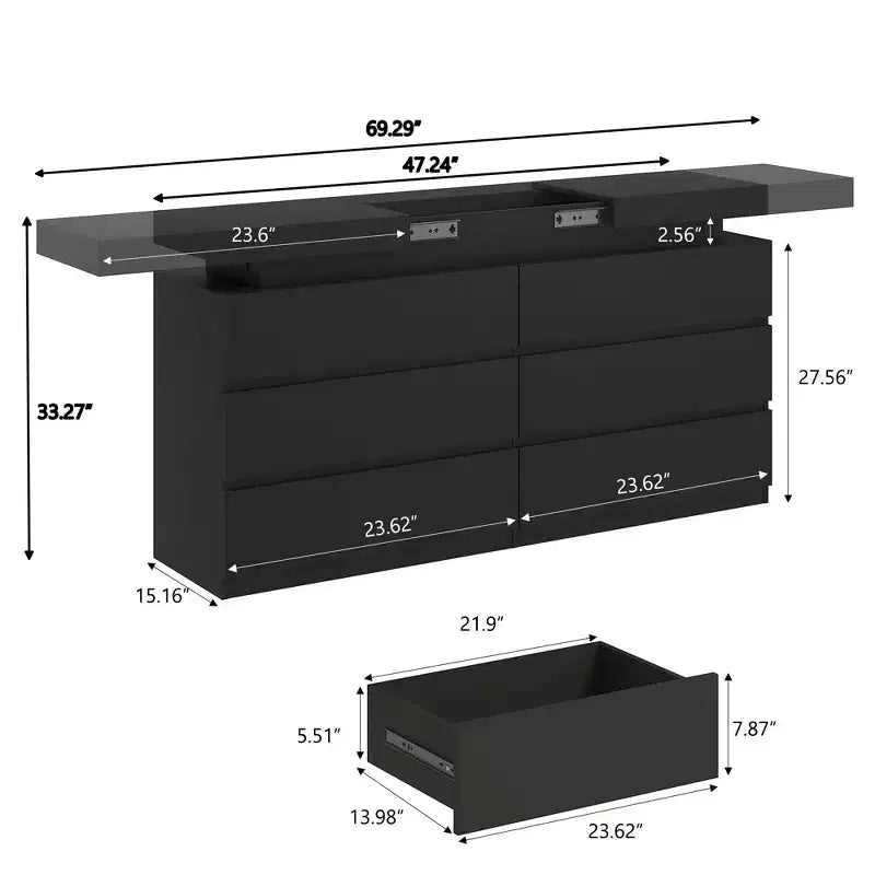 Coiffeuse moderne à 6 tiroirs avec plateau coulissant, comprenant des tiroirs, un organiseur pour chambre, dressing et salon