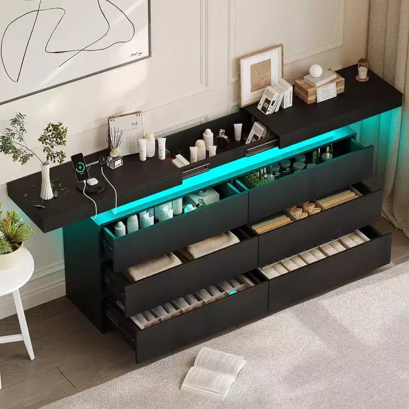 Dyonery Modern 6-Drawer Dressing Table with Sliding Top, Featuring Drawers, Organizer for Bedroom, Closet, and Living Room