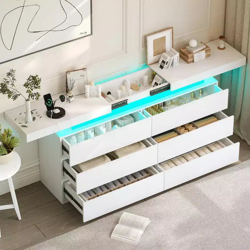 Coiffeuse moderne à 6 tiroirs avec plateau coulissant, comprenant des tiroirs, un organiseur pour chambre, dressing et salon