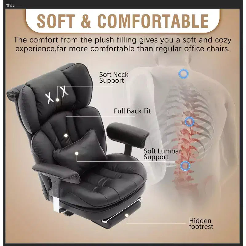 Grand fauteuil de bureau avec repose-pieds, chaise de direction à dossier haut avec siège large, accoudoirs réglables, fauteuil d'ordinateur ergonomique, noir