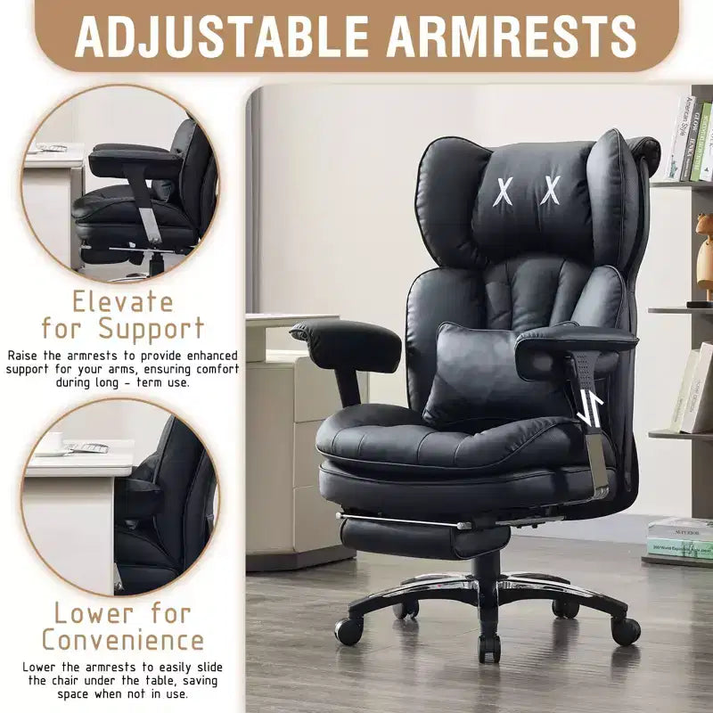 Grand fauteuil de bureau avec repose-pieds, chaise de direction à dossier haut avec siège large, accoudoirs réglables, fauteuil d'ordinateur ergonomique, noir
