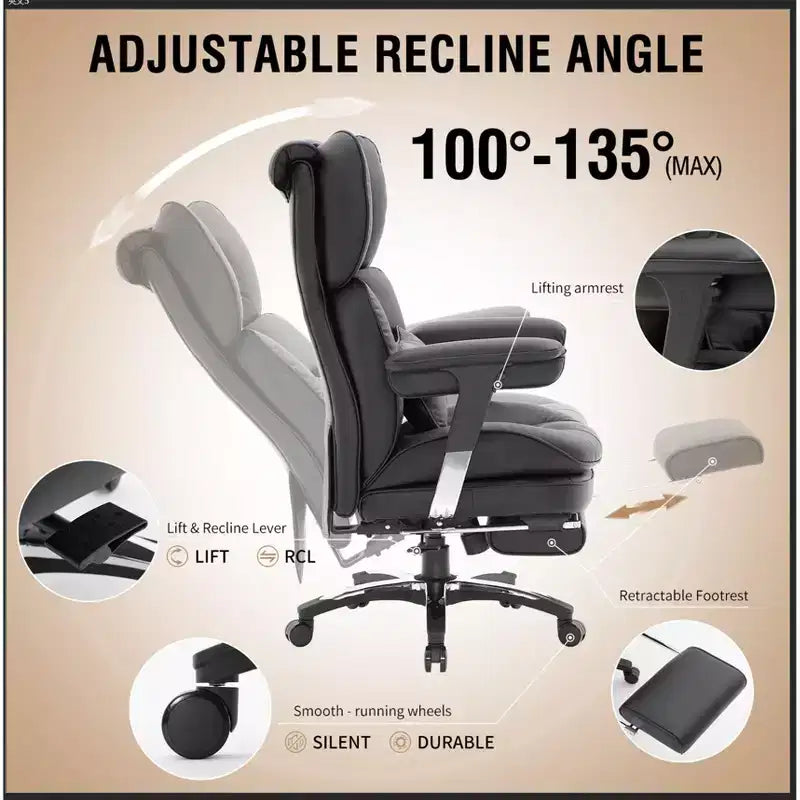 Grand fauteuil de bureau avec repose-pieds, chaise de direction à dossier haut avec siège large, accoudoirs réglables, fauteuil d'ordinateur ergonomique, noir