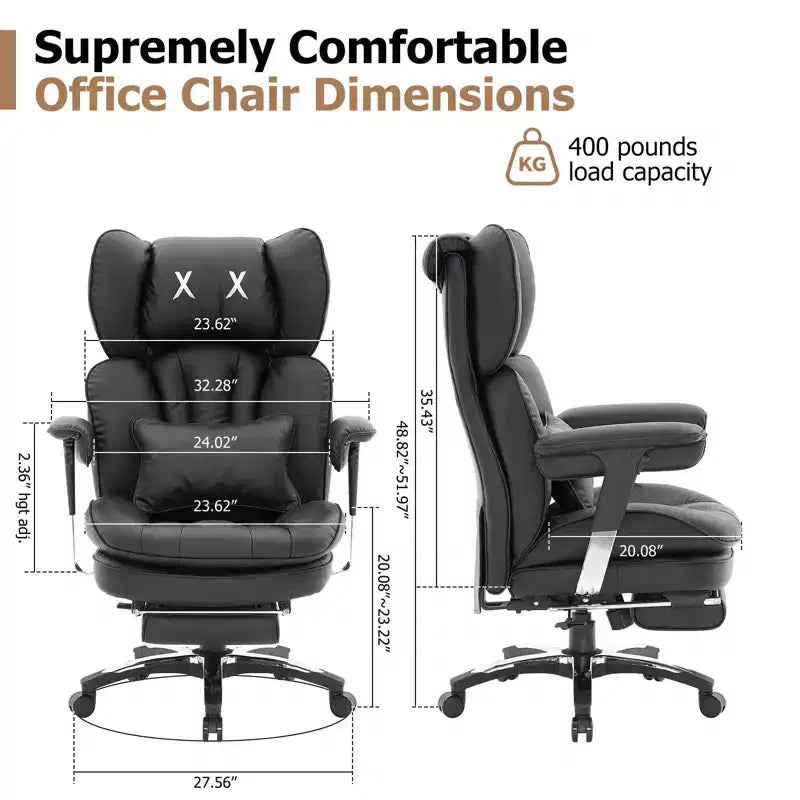 Grand fauteuil de bureau avec repose-pieds, chaise de direction à dossier haut avec siège large, accoudoirs réglables, fauteuil d'ordinateur ergonomique, noir