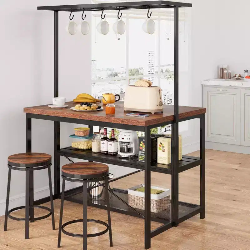 Coolmee 42/47 inch Kitchen Island with Storage & Seating - 3-Tier Bakers Rack, Microwave Stand, Dining Table for 4, 5 Hooks & 50lb Capacity