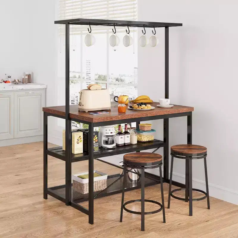 Îlot de cuisine de 42/47 pouces avec rangement et sièges - Étagère à boulanger à 3 niveaux, support pour micro-ondes, table à manger pour 4 personnes, 5 crochets et capacité de 22,7 kg