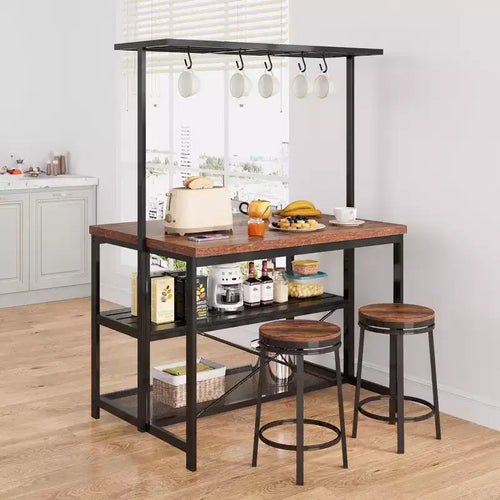 Îlot de cuisine de 42/47 pouces avec rangement et sièges - Étagère à boulanger à 3 niveaux, support pour micro-ondes, table à manger pour 4 personnes, 5 crochets et capacité de 22,7 kg