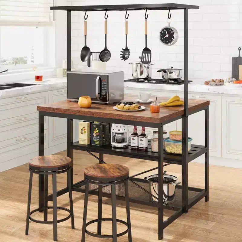 Îlot de cuisine de 42/47 pouces avec rangement et sièges - Étagère à boulanger à 3 niveaux, support pour micro-ondes, table à manger pour 4 personnes, 5 crochets et capacité de 22,7 kg