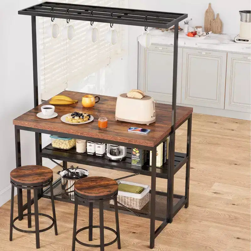 Îlot de cuisine de 42/47 pouces avec rangement et sièges - Étagère à boulanger à 3 niveaux, support pour micro-ondes, table à manger pour 4 personnes, 5 crochets et capacité de 22,7 kg