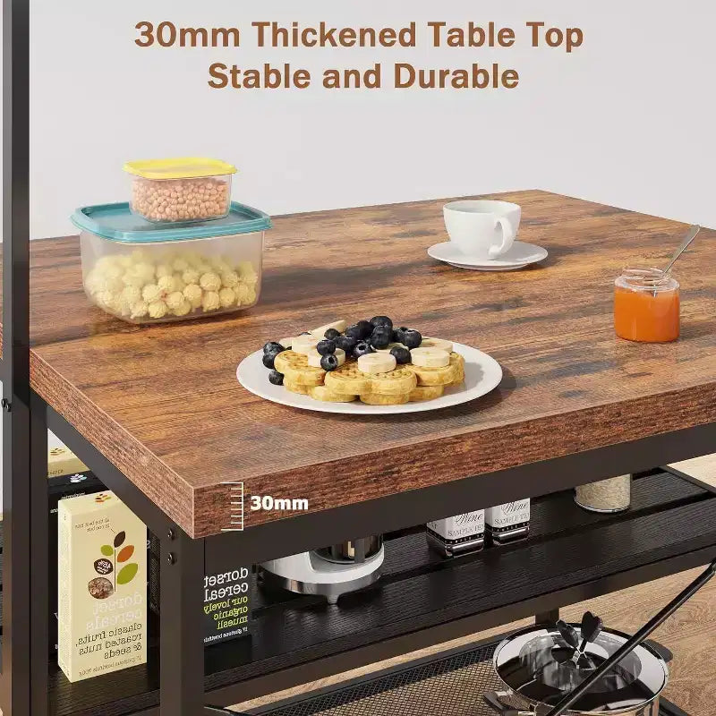 Îlot de cuisine de 42/47 pouces avec rangement et sièges - Étagère à boulanger à 3 niveaux, support pour micro-ondes, table à manger pour 4 personnes, 5 crochets et capacité de 22,7 kg
