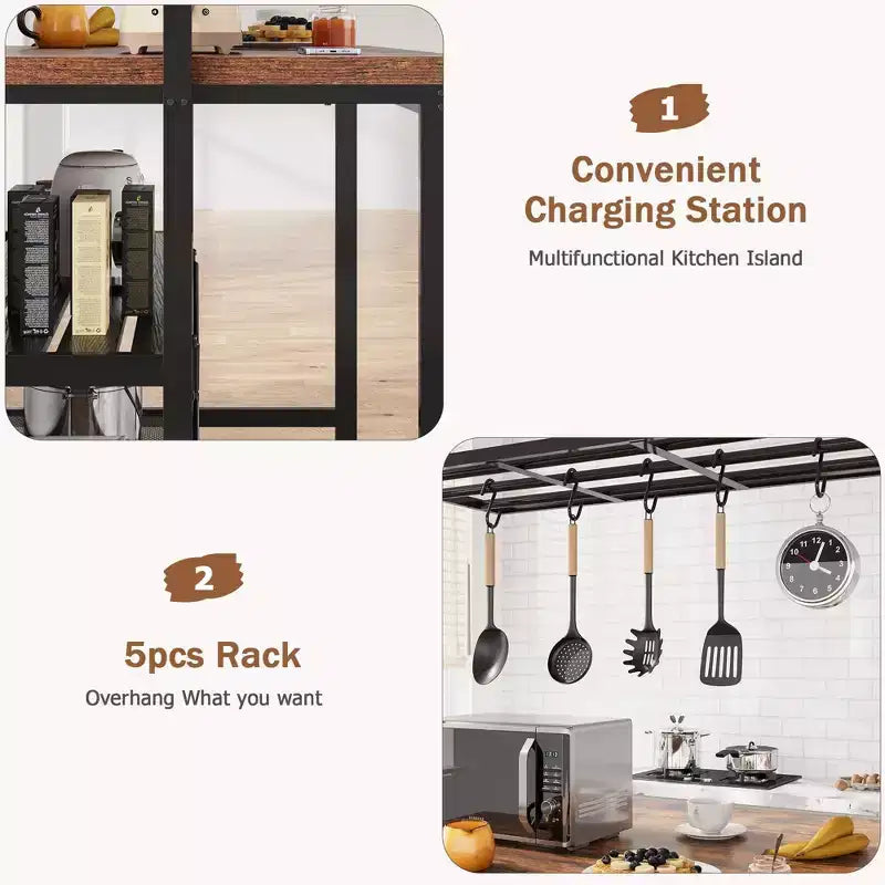 Îlot de cuisine de 42/47 pouces avec rangement et sièges - Étagère à boulanger à 3 niveaux, support pour micro-ondes, table à manger pour 4 personnes, 5 crochets et capacité de 22,7 kg