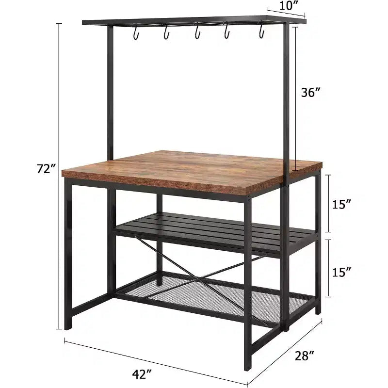 Îlot de cuisine de 42/47 pouces avec rangement et sièges - Étagère à boulanger à 3 niveaux, support pour micro-ondes, table à manger pour 4 personnes, 5 crochets et capacité de 22,7 kg