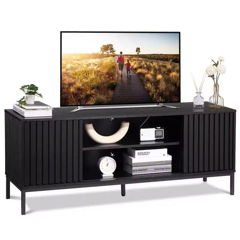 Meuble TV noir pour téléviseurs de 32 à 65 pouces, meuble de divertissement moderne avec armoires de rangement, console TV pour salon