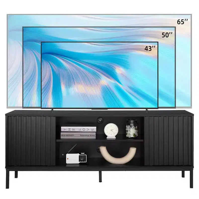 Meuble TV noir pour téléviseurs de 32 à 65 pouces, meuble de divertissement moderne avec armoires de rangement, console TV pour salon