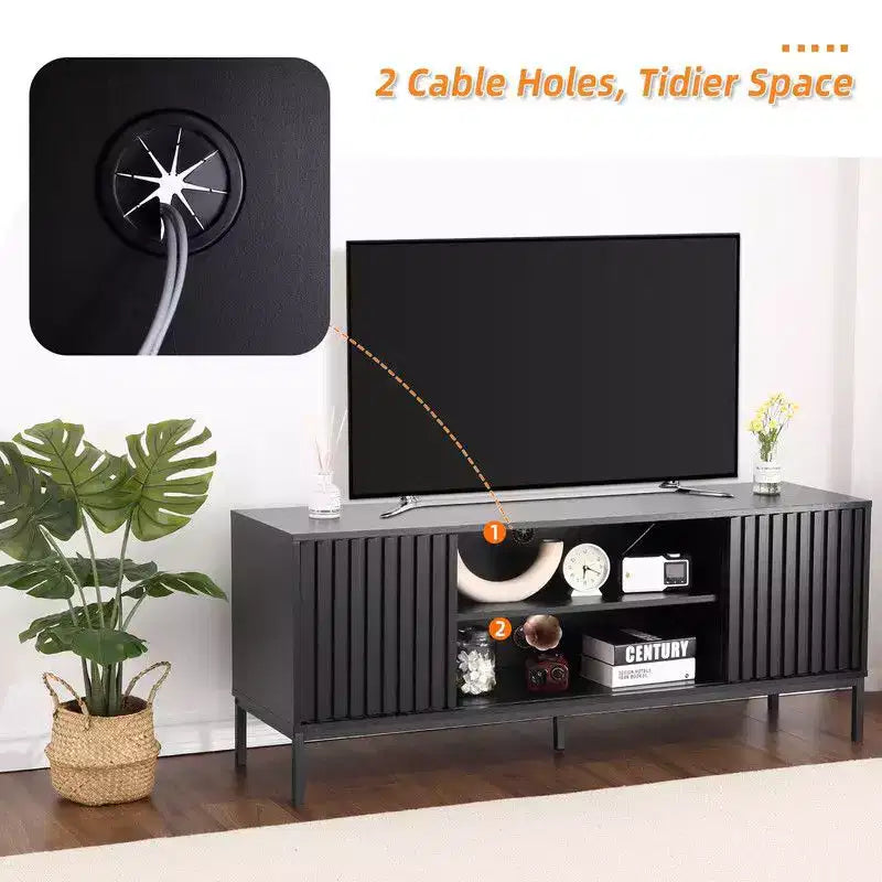 Meuble TV noir pour téléviseurs de 32 à 65 pouces, meuble de divertissement moderne avec armoires de rangement, console TV pour salon