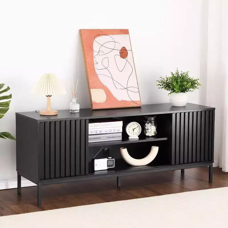 Meuble TV noir pour téléviseurs de 32 à 65 pouces, meuble de divertissement moderne avec armoires de rangement, console TV pour salon