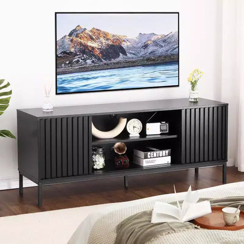 Meuble TV noir pour téléviseurs de 32 à 65 pouces, meuble de divertissement moderne avec armoires de rangement, console TV pour salon