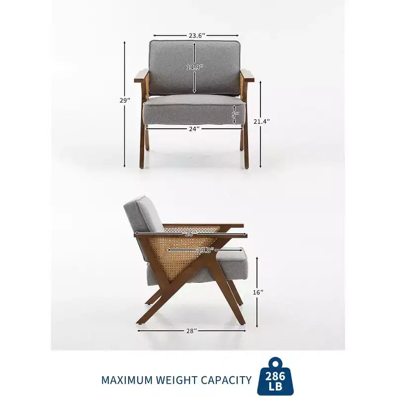 Fauteuil lounge en rotin Mid-Century, fauteuil vintage rembourré en lin avec cadre en bois pour salon/chambre, capacité de 130 kg, beige/gris (1 pièce)