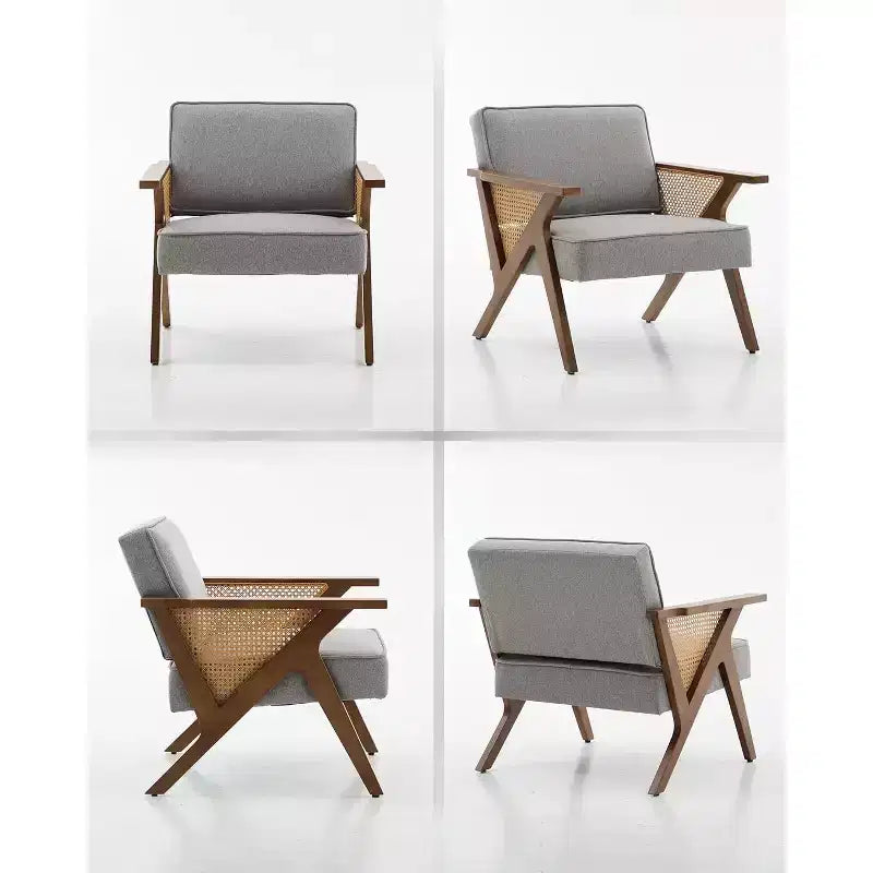 Fauteuil lounge en rotin Mid-Century, fauteuil vintage rembourré en lin avec cadre en bois pour salon/chambre, capacité de 130 kg, beige/gris (1 pièce)