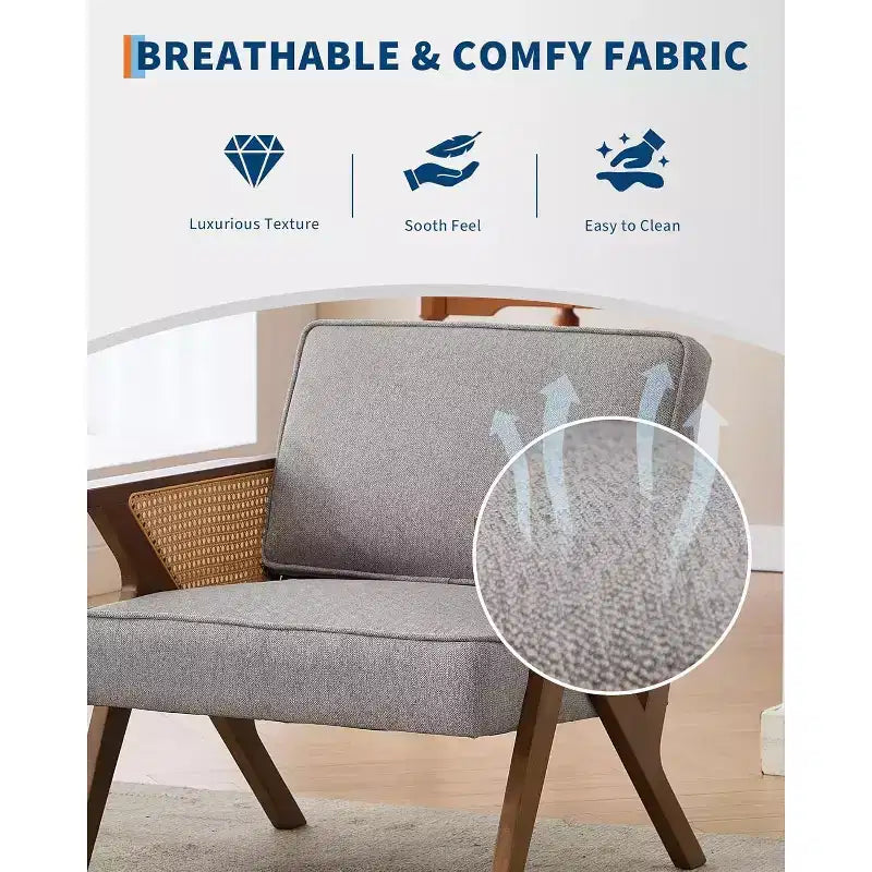 Fauteuil lounge en rotin Mid-Century, fauteuil vintage rembourré en lin avec cadre en bois pour salon/chambre, capacité de 130 kg, beige/gris (1 pièce)