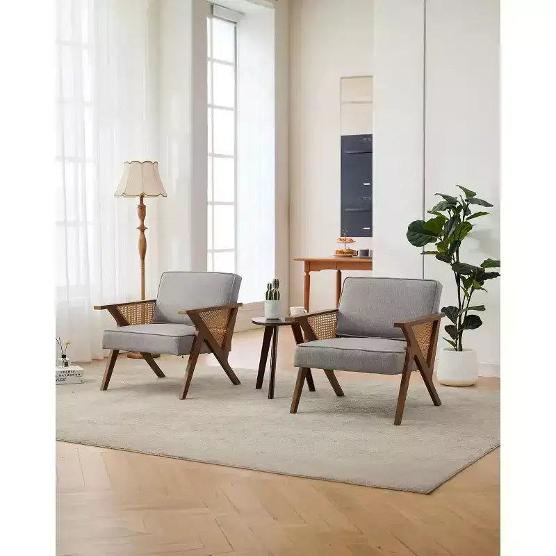 Fauteuil lounge en rotin Mid-Century, fauteuil vintage rembourré en lin avec cadre en bois pour salon/chambre, capacité de 130 kg, beige/gris (1 pièce)
