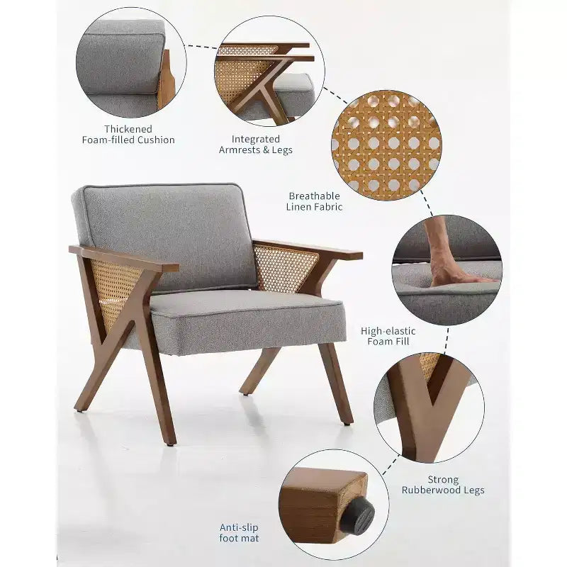 Fauteuil lounge en rotin Mid-Century, fauteuil vintage rembourré en lin avec cadre en bois pour salon/chambre, capacité de 130 kg, beige/gris (1 pièce)