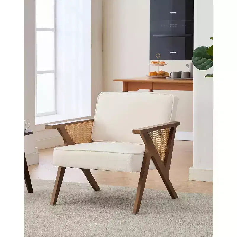 Fauteuil lounge en rotin Mid-Century, fauteuil vintage rembourré en lin avec cadre en bois pour salon/chambre, capacité de 130 kg, beige/gris (1 pièce)