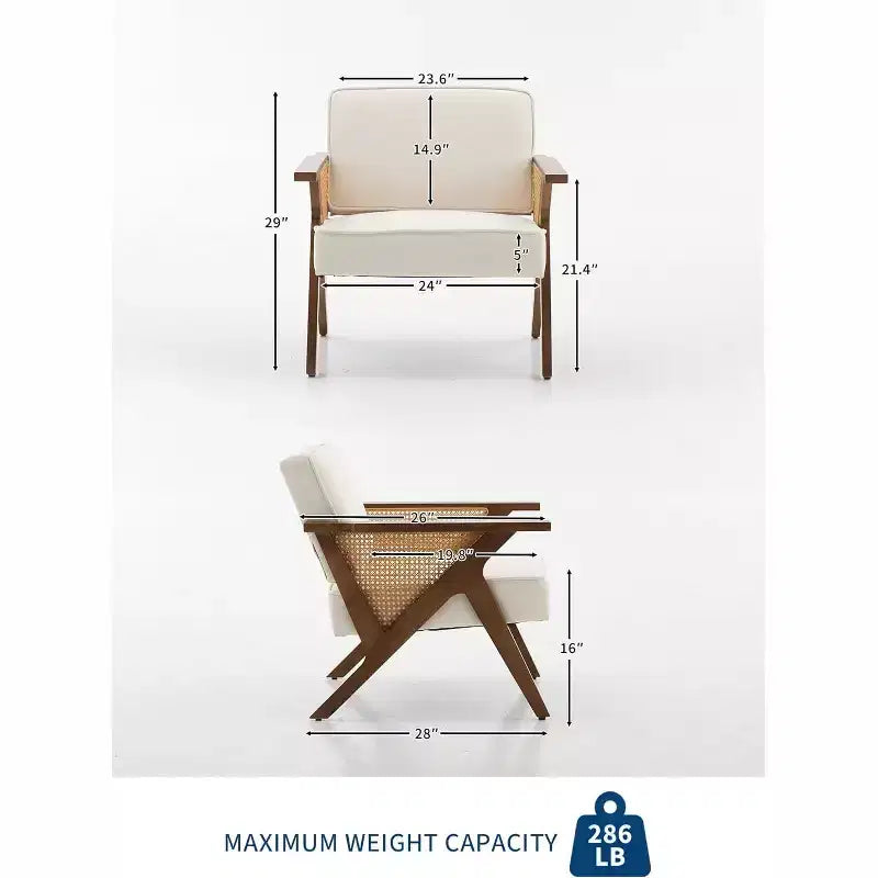 Fauteuil lounge en rotin Mid-Century, fauteuil vintage rembourré en lin avec cadre en bois pour salon/chambre, capacité de 130 kg, beige/gris (1 pièce)