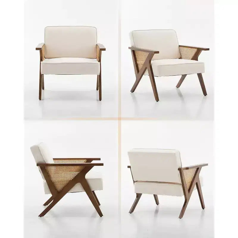 Fauteuil lounge en rotin Mid-Century, fauteuil vintage rembourré en lin avec cadre en bois pour salon/chambre, capacité de 130 kg, beige/gris (1 pièce)