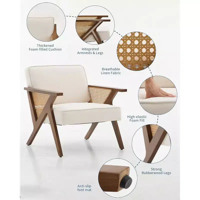 Fauteuil lounge en rotin Mid-Century, fauteuil vintage rembourré en lin avec cadre en bois pour salon/chambre, capacité de 130 kg, beige/gris (1 pièce)