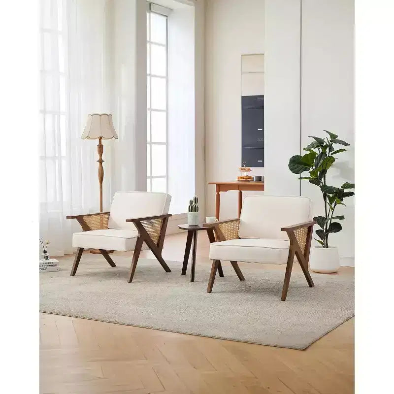 Fauteuil lounge en rotin Mid-Century, fauteuil vintage rembourré en lin avec cadre en bois pour salon/chambre, capacité de 130 kg, beige/gris (1 pièce)