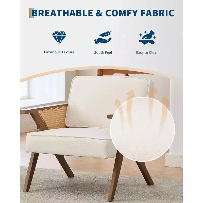 Fauteuil lounge en rotin Mid-Century, fauteuil vintage rembourré en lin avec cadre en bois pour salon/chambre, capacité de 130 kg, beige/gris (1 pièce)